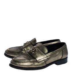 Pre Owned Chanel Metallic Gold Leather CC Slip On Loafers Size 38
