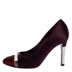 Pre Owned Chanel Burgundy Satin CC Cap Toe Pumps Size 35.5