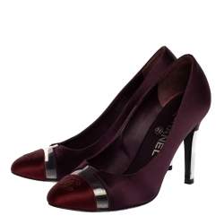 Pre Owned Chanel Burgundy Satin CC Cap Toe Pumps Size 35.5