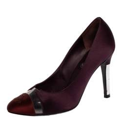 Pre Owned Chanel Burgundy Satin CC Cap Toe Pumps Size 35.5