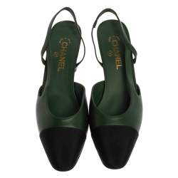 Pre Owned Chanel Green Leather And Black Canvas Cap Toe CC Slingback Sandals Size 41.5