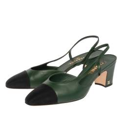 Pre Owned Chanel Green Leather And Black Canvas Cap Toe CC Slingback Sandals Size 41.5