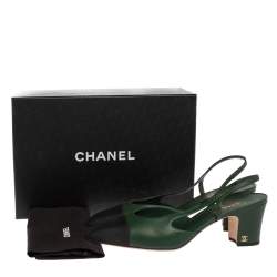Pre Owned Chanel Green Leather And Black Canvas Cap Toe CC Slingback Sandals Size 41.5