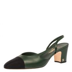 Pre Owned Chanel Green Leather And Black Canvas Cap Toe CC Slingback Sandals Size 41.5