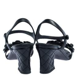 Pre Owned صندل شانيل سير كاحل و مزين زهوركاميليا جلد أسود مقاس 36.5