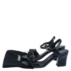 Pre Owned صندل شانيل سير كاحل و مزين زهوركاميليا جلد أسود مقاس 36.5