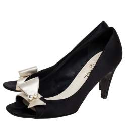 Chanel Black Satin Pearl Embellished Bow Peep Toe Pumps Size 38.5