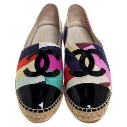 Chanel Multicolor Fabric And Patent Leather CC Cap Toe Espadrille Flats Size 37 