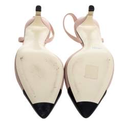 Pre Owned Chanel Pink/Black Leather Cap Toe Slingback Sandals Size 36