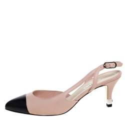 Pre Owned Chanel Pink/Black Leather Cap Toe Slingback Sandals Size 36