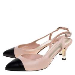 Pre Owned Chanel Pink/Black Leather Cap Toe Slingback Sandals Size 36