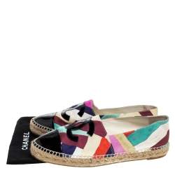 Pre Owned Chanel Multicolor Print Crepe Cuba Cruise CC Patent Cap Toe Espadrille Flats Size 42