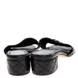 Chanel Black Quilted Leather Block Heel CC Slides Size 37.5