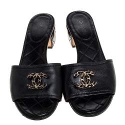 Chanel Black Quilted Leather Block Heel CC Slides Size 37.5