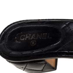 Chanel Black Quilted Leather Block Heel CC Slides Size 37.5