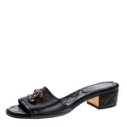 Chanel Black Quilted Leather Block Heel CC Slides Size 37.5