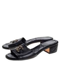 Chanel Black Quilted Leather Block Heel CC Slides Size 37.5