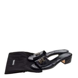 Chanel Black Quilted Leather Block Heel CC Slides Size 37.5