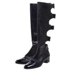 Chanel Black Leather Cut Out Cap Toe Knee High Boots Size 41.5