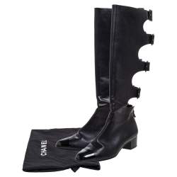 Chanel Black Leather Cut Out Cap Toe Knee High Boots Size 41.5