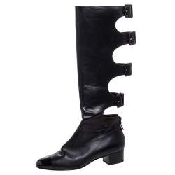 Chanel Black Leather Cut Out Cap Toe Knee High Boots Size 41.5