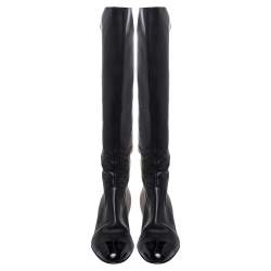 Chanel Black Leather Cut Out Cap Toe Knee High Boots Size 41.5