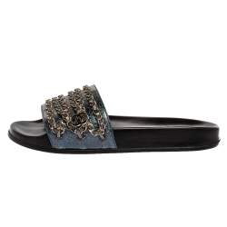مملوكة مسبقًا Chanel Metallic Blue Holographic Leather Tropiconic Chain Detail Slides Size 39
