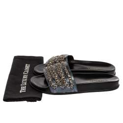 مملوكة مسبقًا Chanel Metallic Blue Holographic Leather Tropiconic Chain Detail Slides Size 39