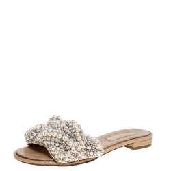 Chanel Beige Faux Pearl Slide Flat Sandals Size 38 Chanel
