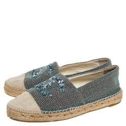 Pre Owned Chanel Green/Beige Canvas Sequin CC Espadrille Flats Size 39