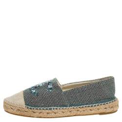 Pre Owned Chanel Green/Beige Canvas Sequin CC Espadrille Flats Size 39