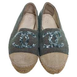 Pre Owned Chanel Green/Beige Canvas Sequin CC Espadrille Flats Size 39