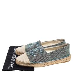Pre Owned Chanel Green/Beige Canvas Sequin CC Espadrille Flats Size 39