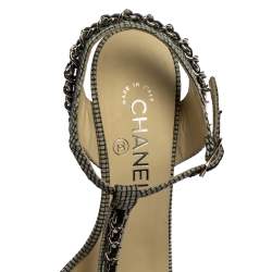 Chanel Black/White Checkered Leather Chain Link Ankle Strap Sandals Size 38.5