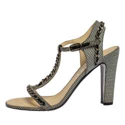 Chanel Black/White Checkered Leather Chain Link Ankle Strap Sandals Size 38.5