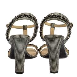 Chanel Black/White Checkered Leather Chain Link Ankle Strap Sandals Size 38.5