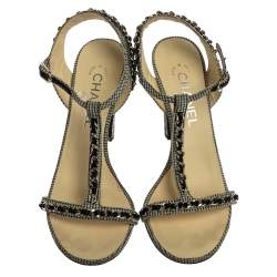 Chanel Black/White Checkered Leather Chain Link Ankle Strap Sandals Size 38.5