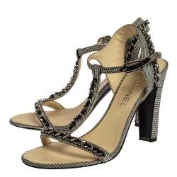 Chanel Black/White Checkered Leather Chain Link Ankle Strap Sandals Size 38.5