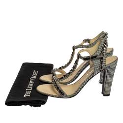 Chanel Black/White Checkered Leather Chain Link Ankle Strap Sandals Size 38.5