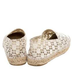 Pre Owned Chanel White Lace And Patent Leather CC Espadrille Flats Size 37