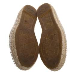 Pre Owned Chanel White Lace And Patent Leather CC Espadrille Flats Size 37