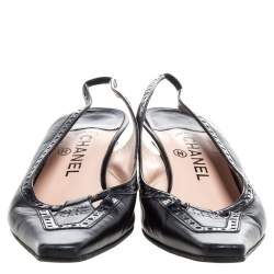 Pre Owned Chanel Black Leather Brogue Detail Slingback Sandals Size 38.5
