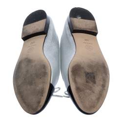 Pre Owned Chanel Silver/Black Leather And Patent Bow CC Cap Toe Ballet Flats Size 40