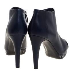 Chanel Blue Leather Chain Embellished Platform CC Cap Toe Ankle Boots Size 40.5