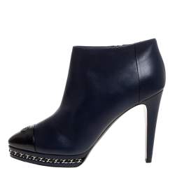 Chanel Blue Leather Chain Embellished Platform CC Cap Toe Ankle Boots Size 40.5
