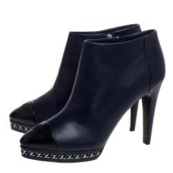 Chanel Blue Leather Chain Embellished Platform CC Cap Toe Ankle Boots Size 40.5