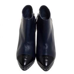 Chanel Blue Leather Chain Embellished Platform CC Cap Toe Ankle Boots Size 40.5