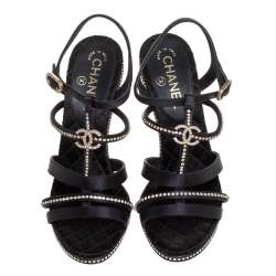 Pre Owned صندل شانيل سير سي سي لوسيت مزخرف كريستال ساتان أسود مقاس 38