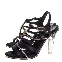 Pre Owned صندل شانيل سير سي سي لوسيت مزخرف كريستال ساتان أسود مقاس 38