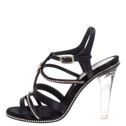 Pre Owned صندل شانيل سير سي سي لوسيت مزخرف كريستال ساتان أسود مقاس 38